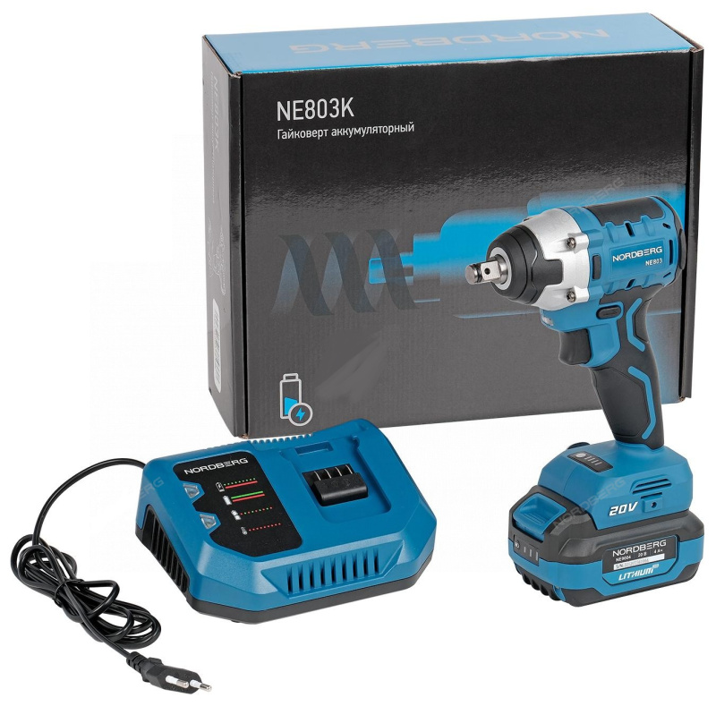 Гайковерт аккумуляторный, 1/2", 20В, 300Нм с 4A акк. и зар. уст-вом 4A, в мешке NORDBERG NE803K