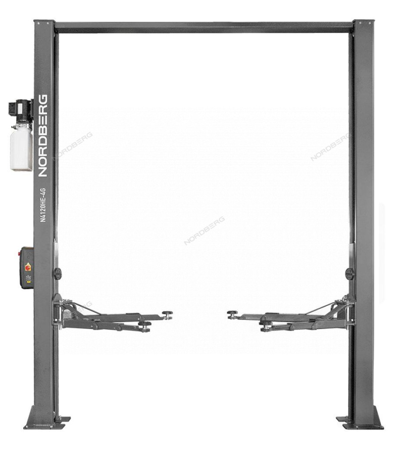 Подъемник двухстоечный 4 т, верхняя синхронизация, с электростопорами, H=3,6 м, 380 В, серый NORDBER