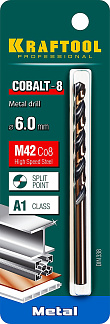 Сверло по металлу HSS-Co(8%) , сталь М42(S2-10-1-8), 6.0 х93мм, KRAFTOOL COBALT